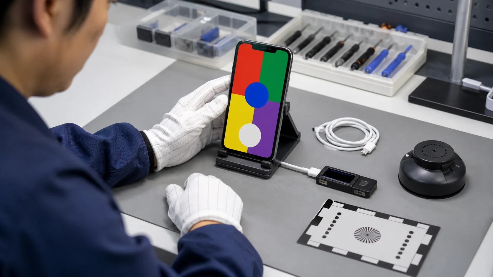 検査機器を使ってスマートフォンの画面や充電機能を確認するスタッフ